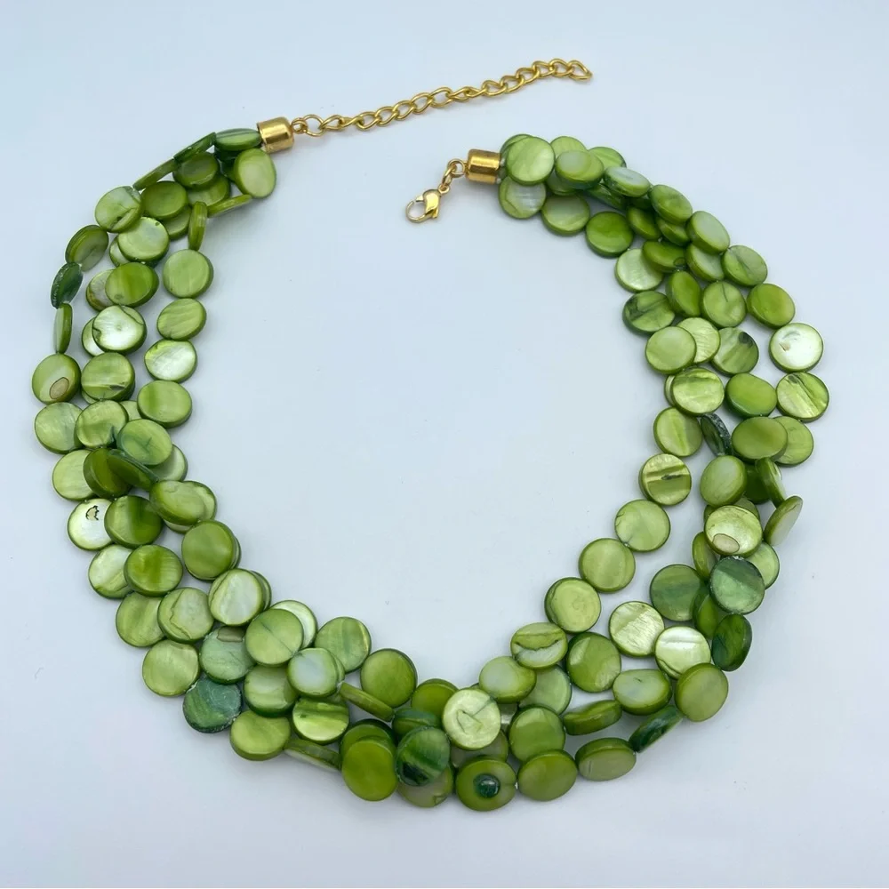 Stunning Green Multi-Strand Shell Disc Necklace – Adjustable Statement Jewelry